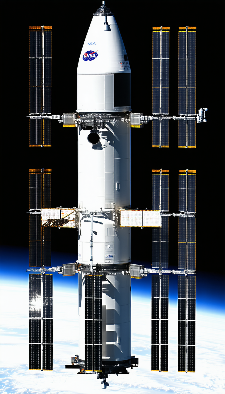 A Large Spacecraft With A White And Grey Color Scheme