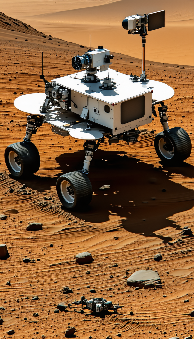 A Large Robotic Vehicle, Possibly A Rover, Driving Across A Rocky Terrain