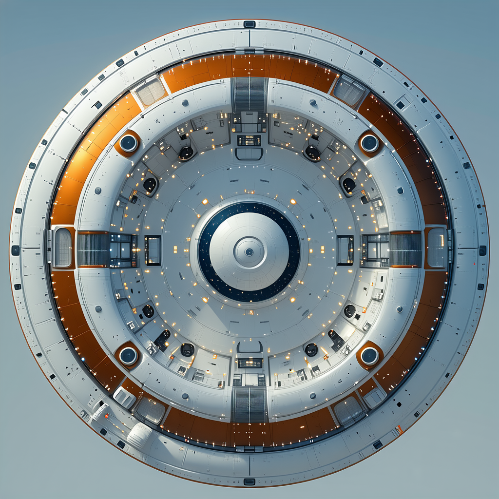 A Large, Round, White Spacecraft With A Distinct Orange Ring Around The Middle