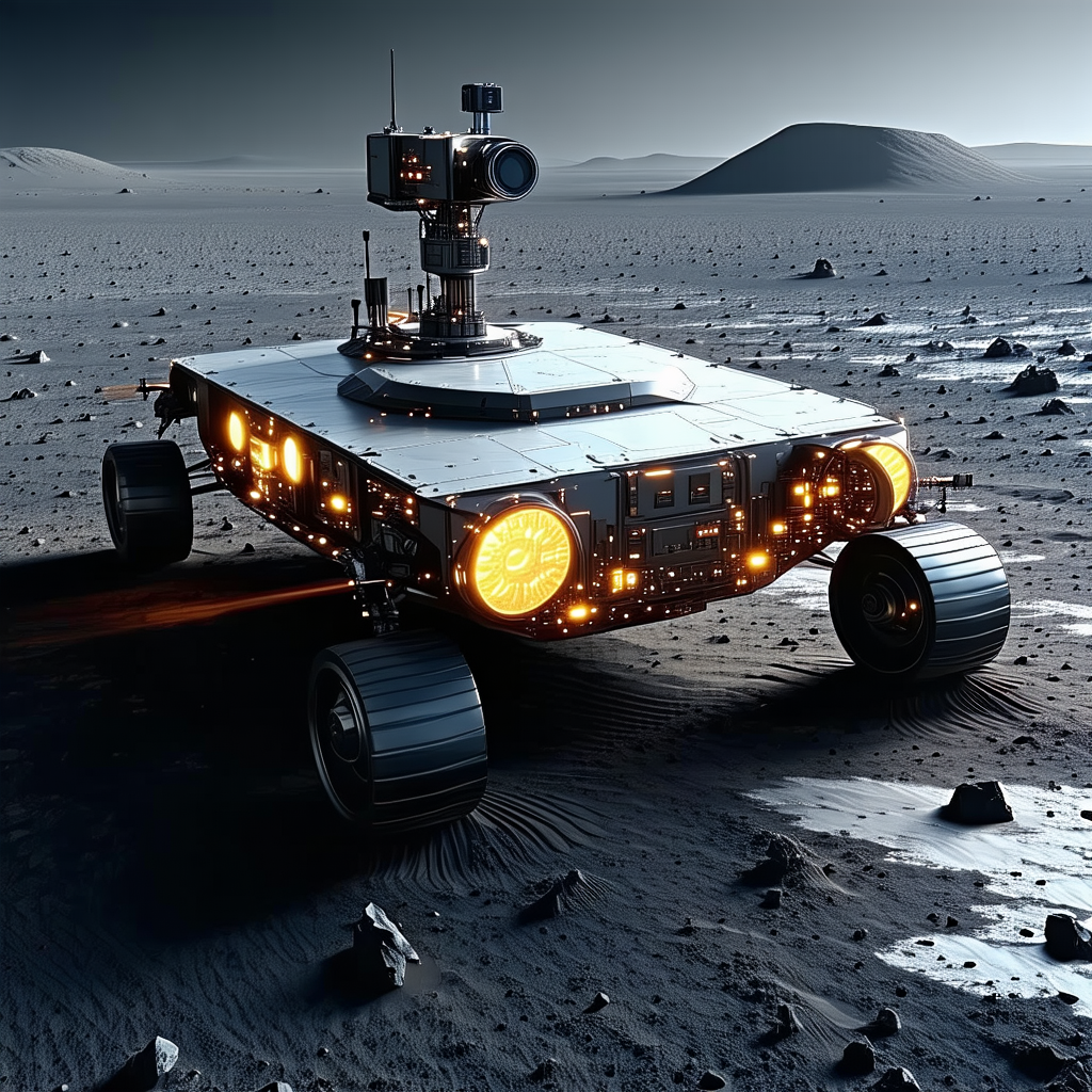A Futuristic Vehicle Is Driving Across A Rocky Terrain