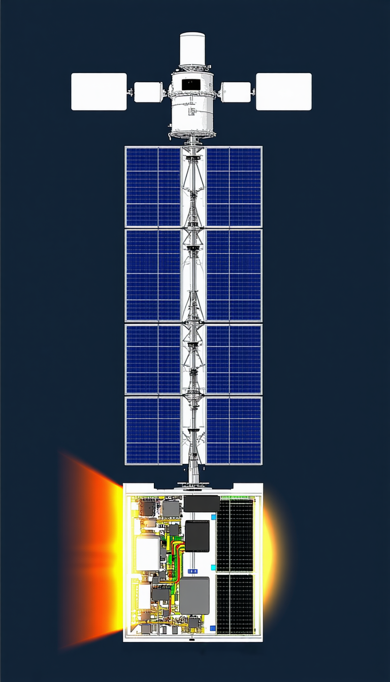 A Large, White, And Blue Spacecraft With A Solar Panel On Top