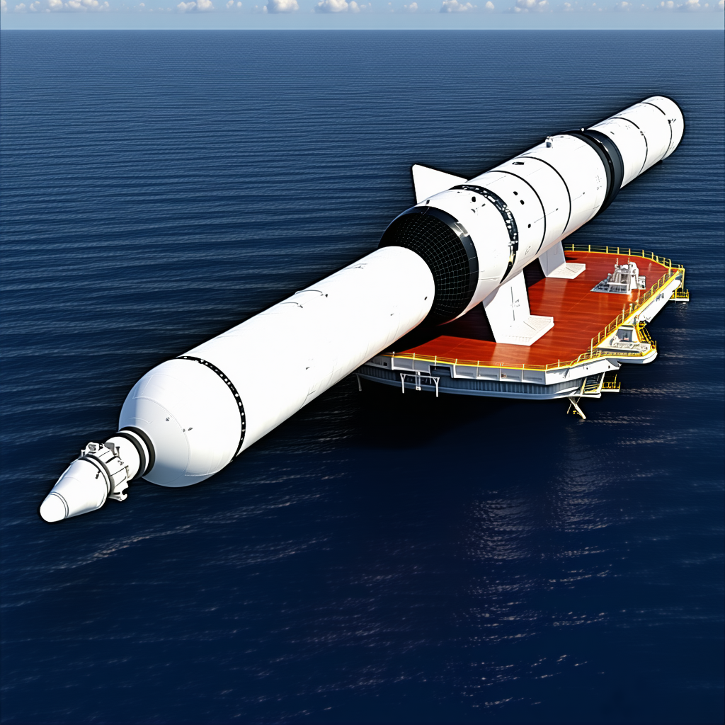 A Large White Rocket Ship Is Floating On Top Of A Red Platform In The Middle Of The Ocean