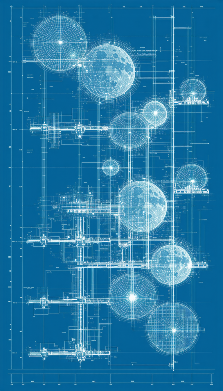 The Image Is A Blue And White Drawing Of A Building With A Large Number Of Circles And Spheres