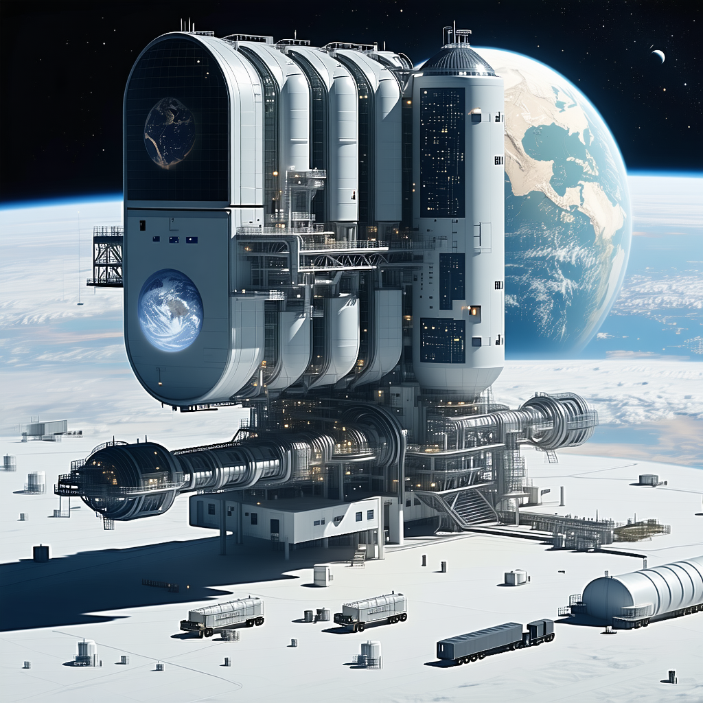 A Large White Space Station Is Shown In A Drawing, With A Large Globe In The Background