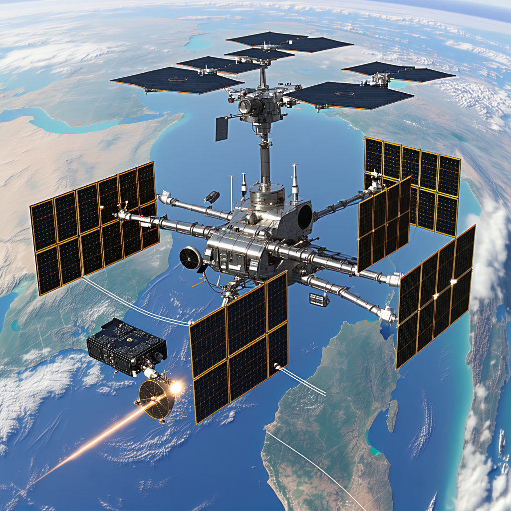 A Large Spacecraft With A Satellite Dish On Top, Flying Through The Sky
