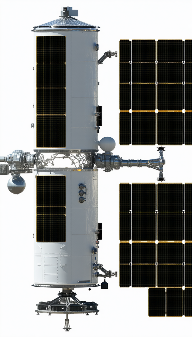 A Large Spacecraft With A Solar Panel Array On Its Side