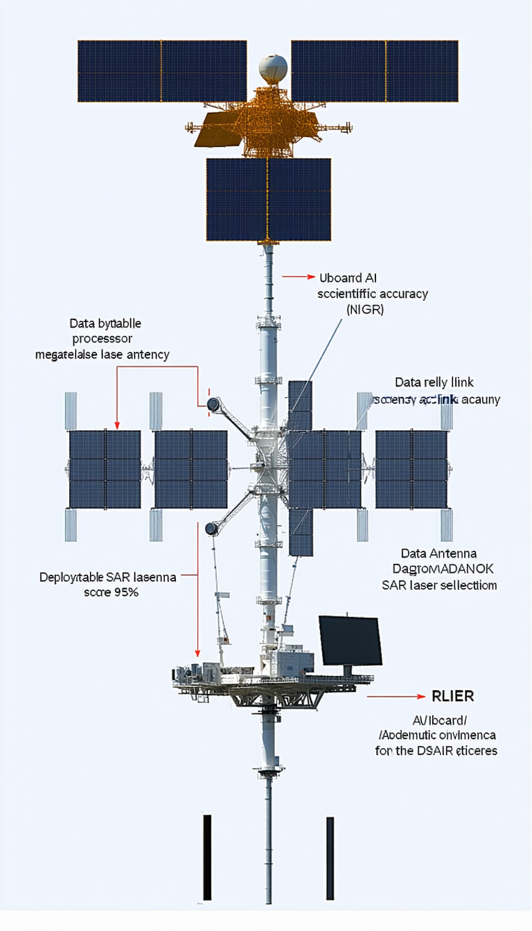 The Image Is A Diagram Of A Satellite, Showing Its Various Components And Functions