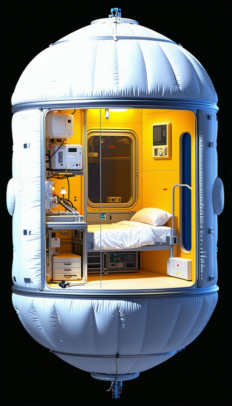 A Small, White, And Yellow Spacecraft Is Shown, With A Bed Inside