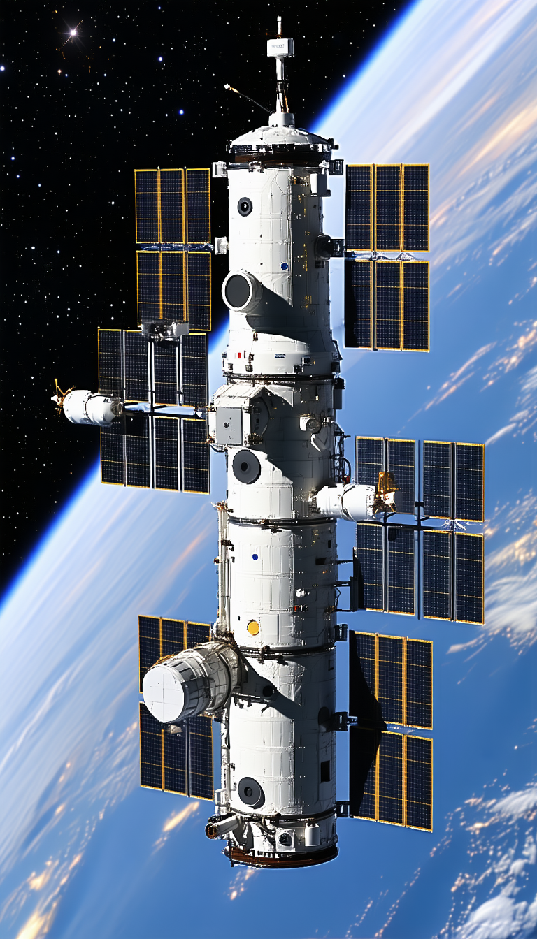 A Large White Spacecraft Is Docked With A Smaller Spacecraft