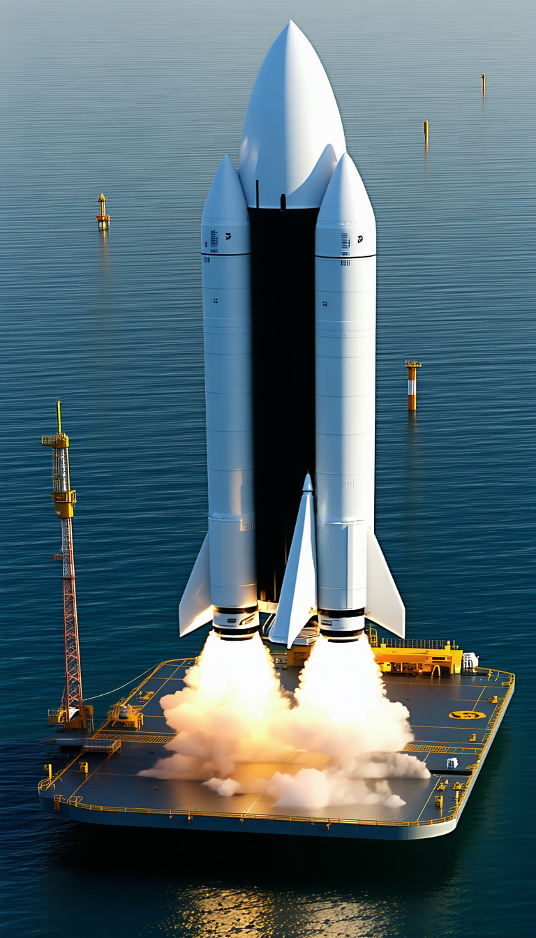 A Large White Space Shuttle On A Platform In The Ocean