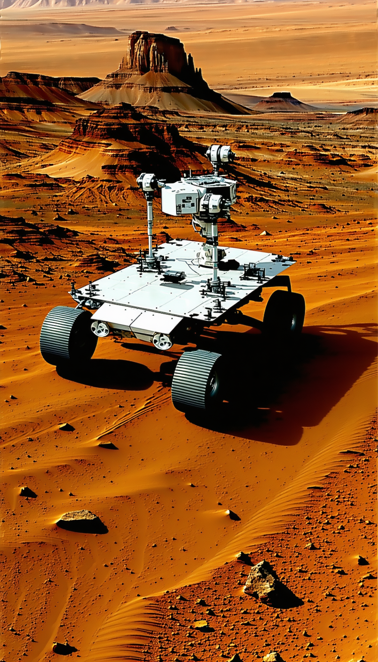 A Large, White Robotic Vehicle With Four Wheels, Driving Across A Sandy Terrain