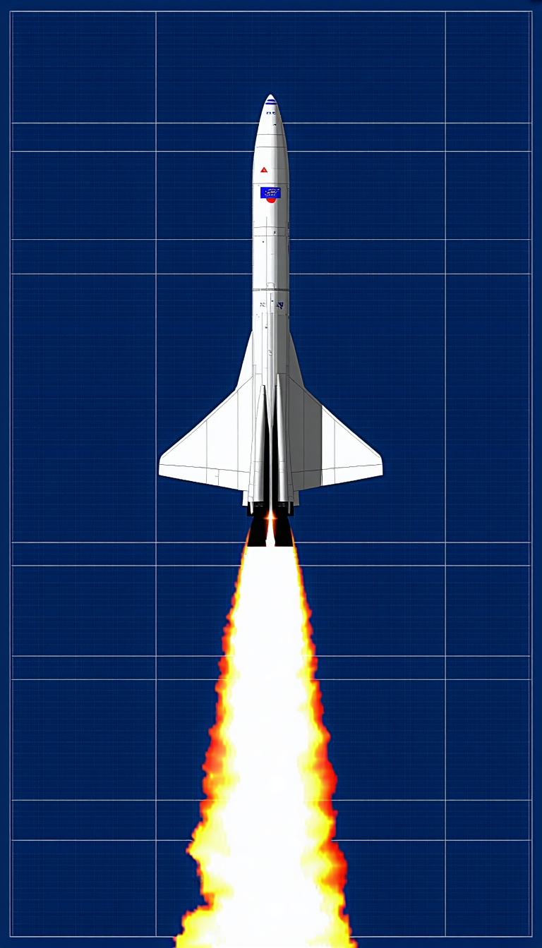A Rocket Is Shown In A Blue Sky, With Its Tail End Visible