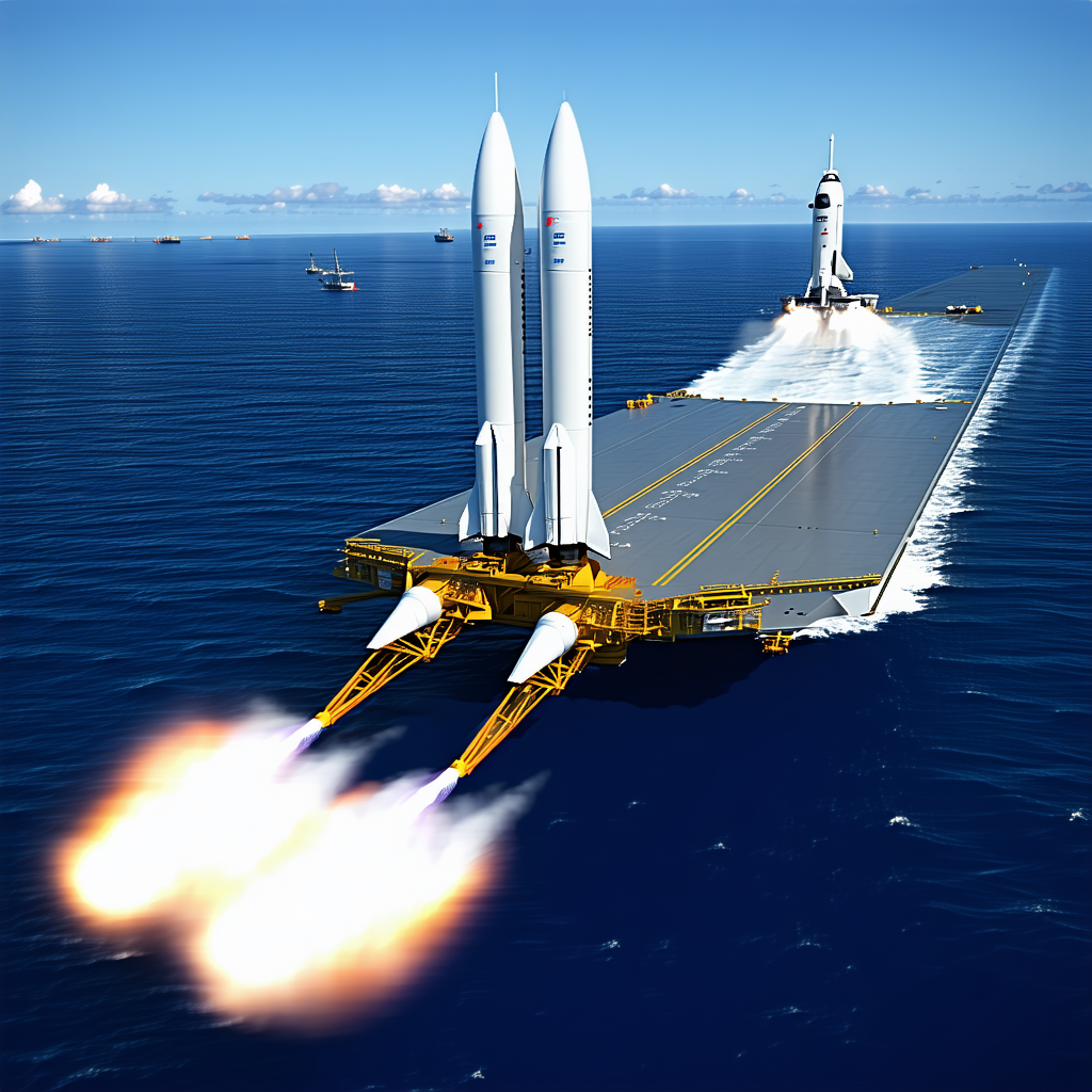 A Large Spacecraft Is Traveling Through The Ocean, With A Rocket Ship Following Closely Behind