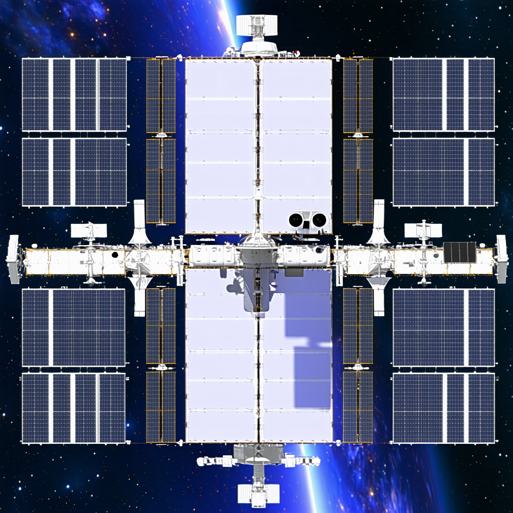 A Large Space Station With A White And Blue Color Scheme