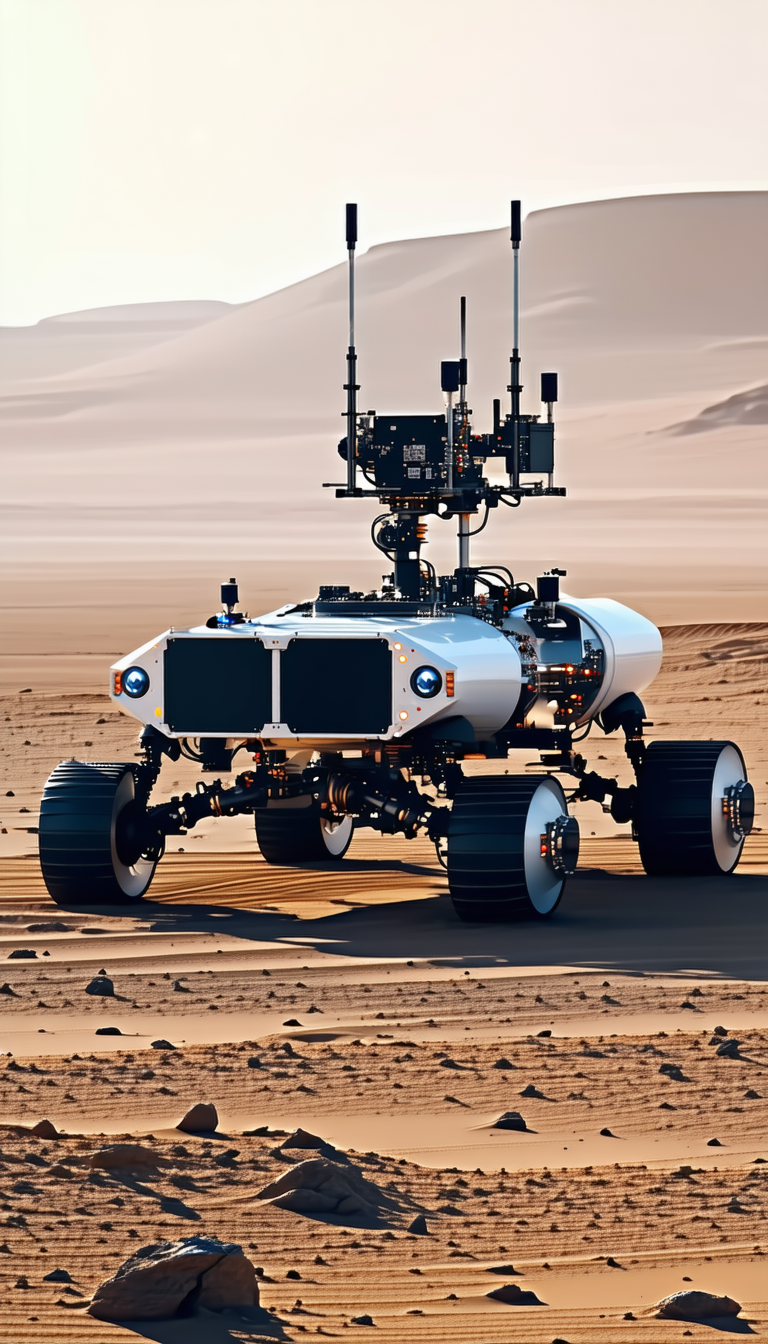 A Large Robotic Vehicle Is Sitting On A Sandy Surface, Possibly A Desert