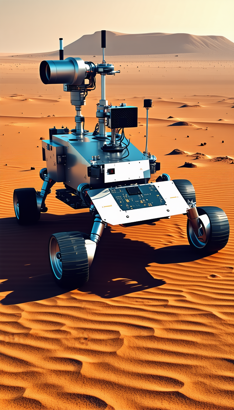 A Large Robotic Vehicle, Possibly A Rover, Sitting On A Sandy Surface