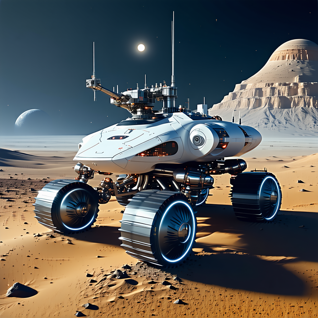 A White Spacecraft Is Parked On A Rocky Surface, With A Large Dome In The Background