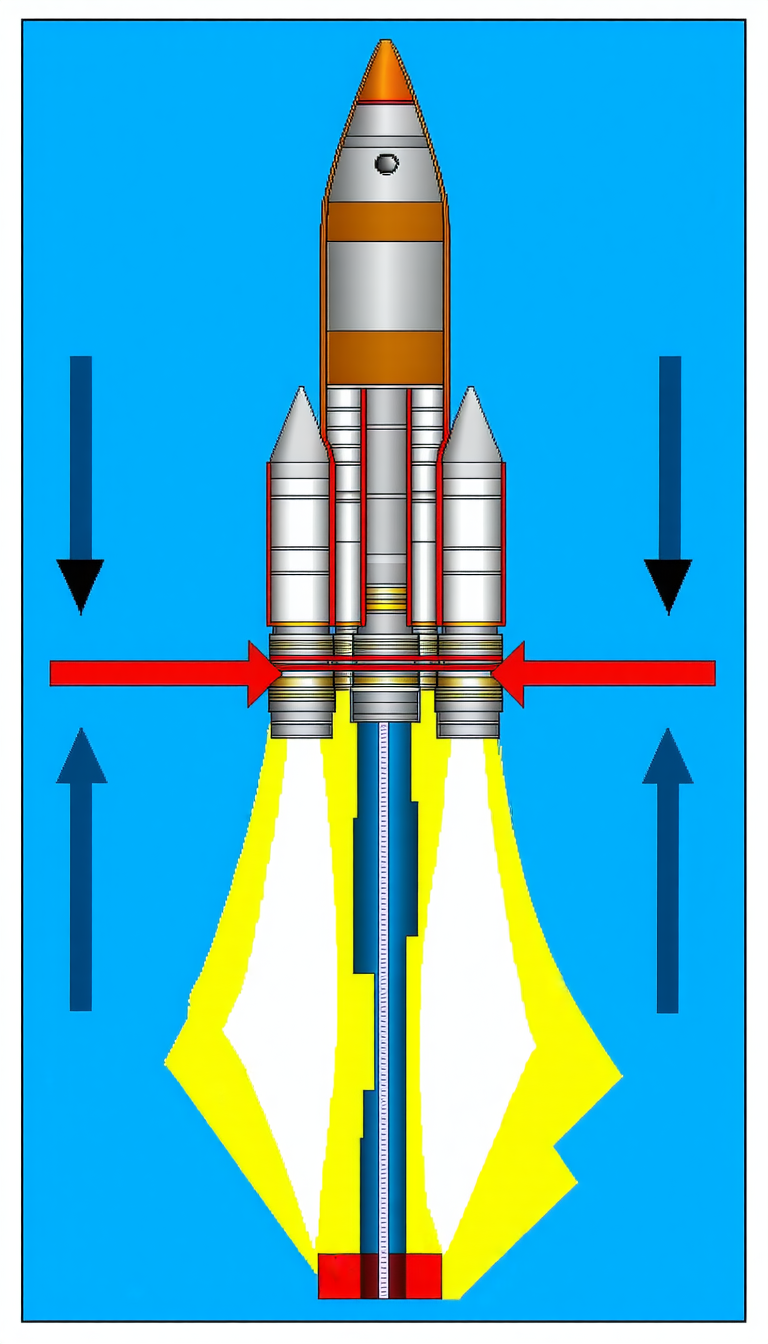A Rocket Is Shown In A Blue Background, With A Yellow Line Going Through It