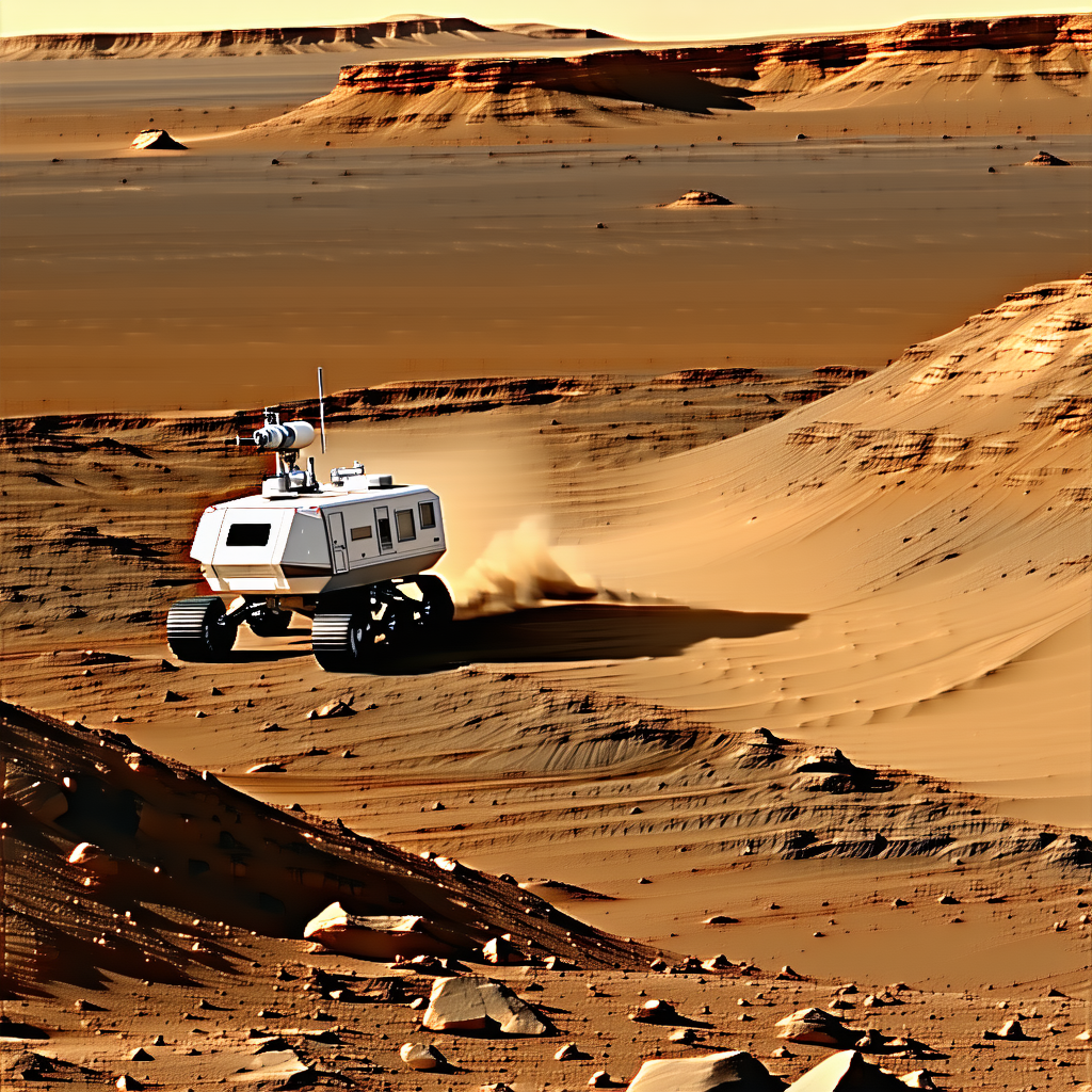 A Small White Vehicle, Possibly A Rover Or A Jeep, Driving Across A Rocky Terrain