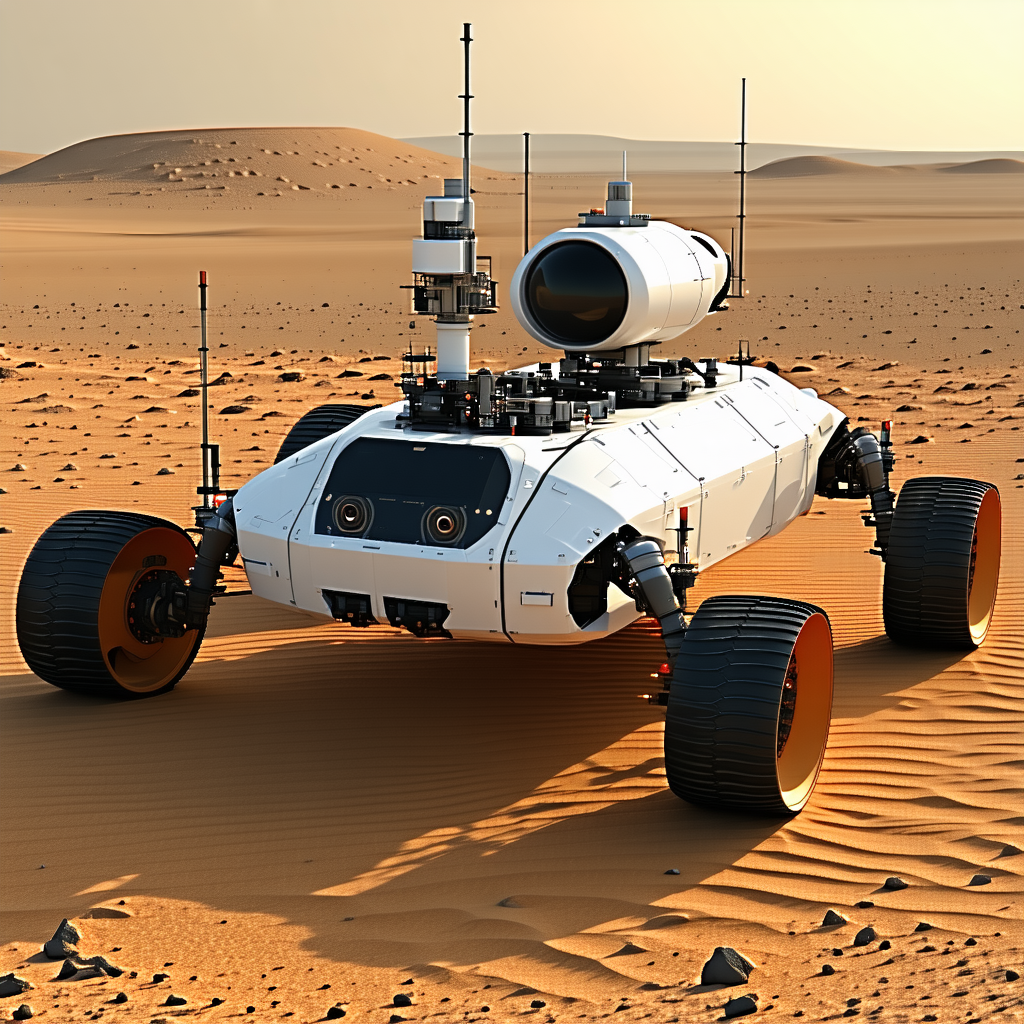 A White Robotic Vehicle With A Large Dome On Top, Driving Across A Sandy Terrain