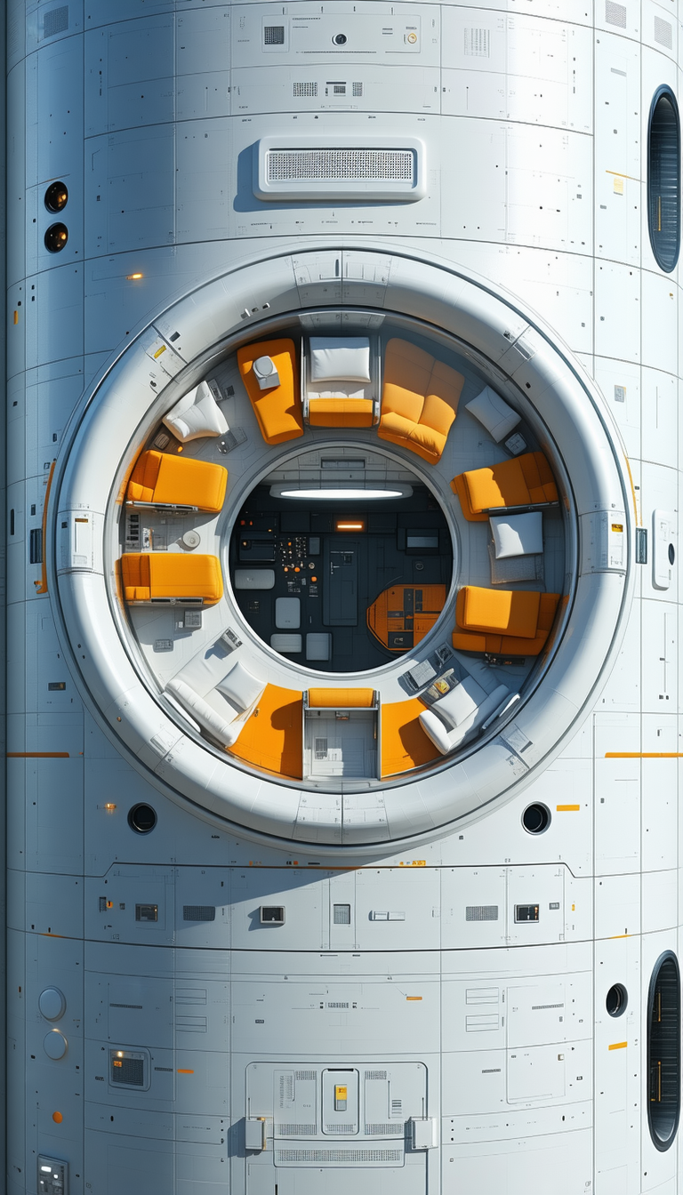 A Large, Round, White Spacecraft With A Circular Window In The Middle
