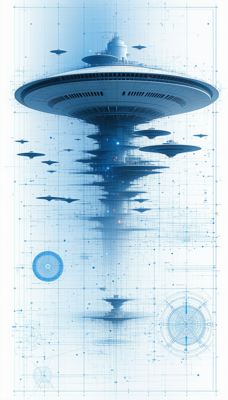 In This Image, There Is A Blue Spaceship With A Large Dome On Top, Surrounded By Smaller Spaceships