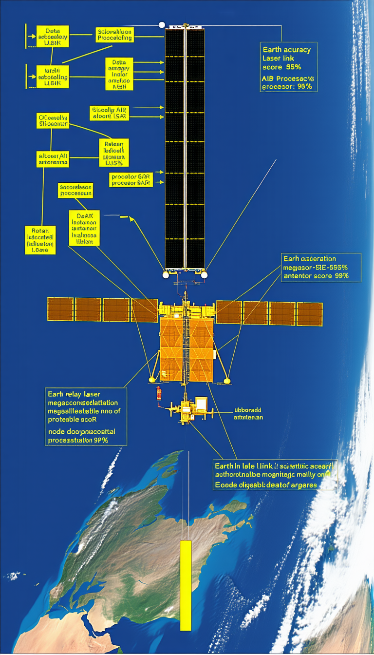 The Image Is A Diagram Of A Spacecraft, Specifically A Satellite, With Various Parts Labeled