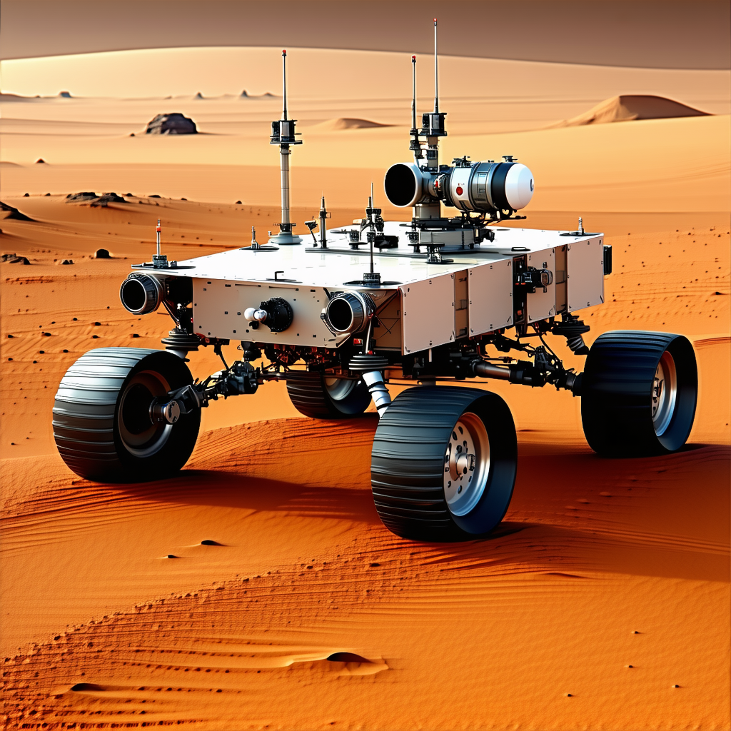 A Large, Futuristic-looking Vehicle With Four Wheels, Driving Across A Sandy Terrain