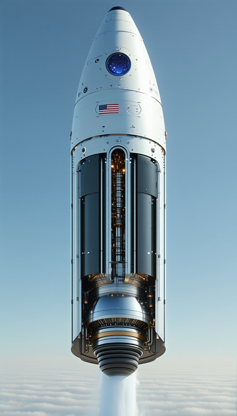 A Large Rocket Ship With An American Flag On The Side