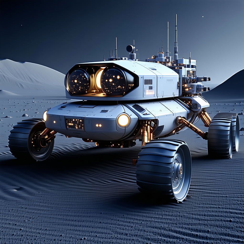 A Futuristic Vehicle Is Parked On A Rocky Surface, Possibly On The Moon