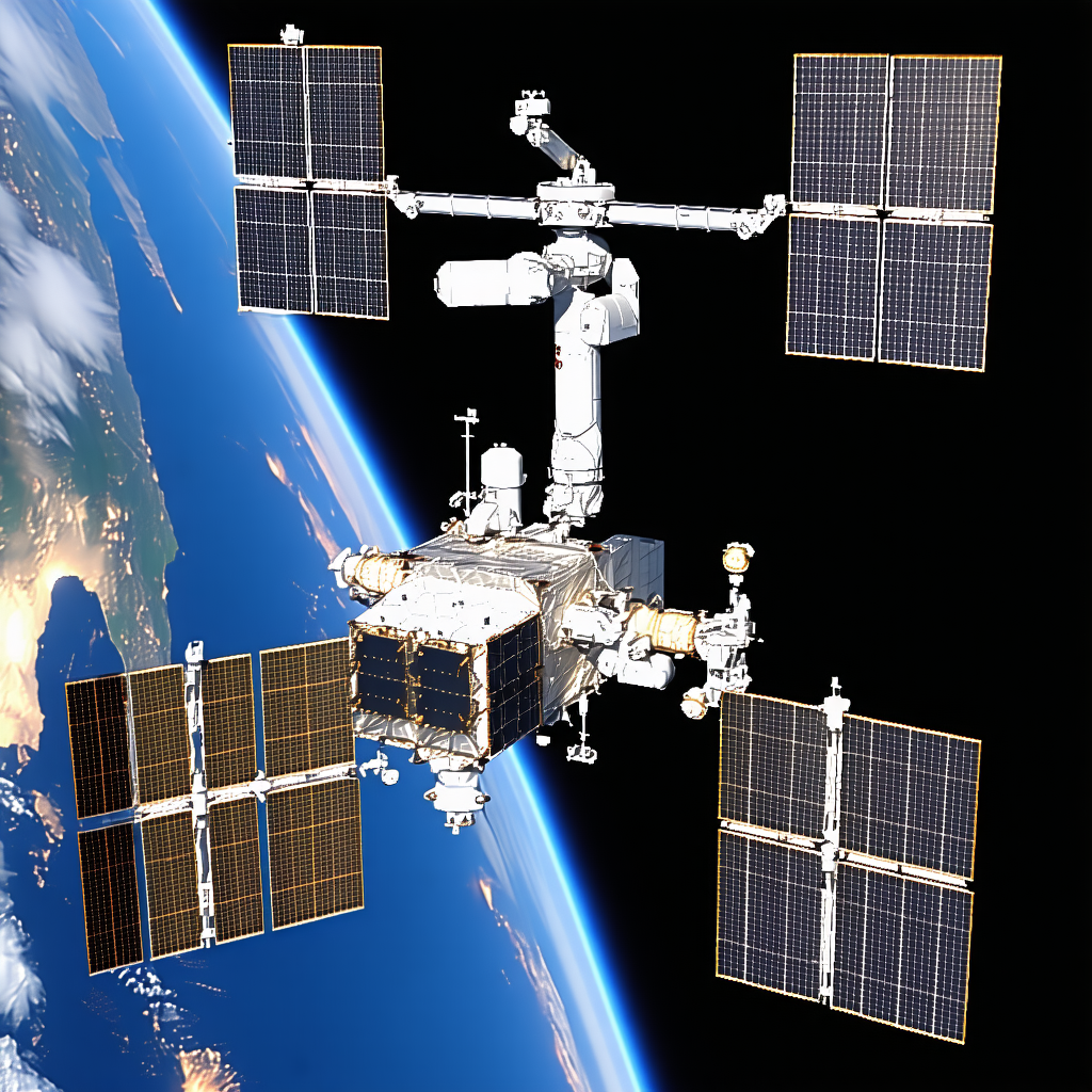 A Large Space Station With A White And Black Color Scheme, Floating In The Vastness Of Space