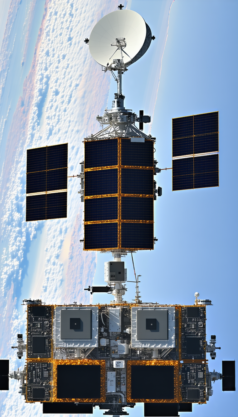 A Large Spacecraft Is Seen From A Distance, With A View Of The Earth Below