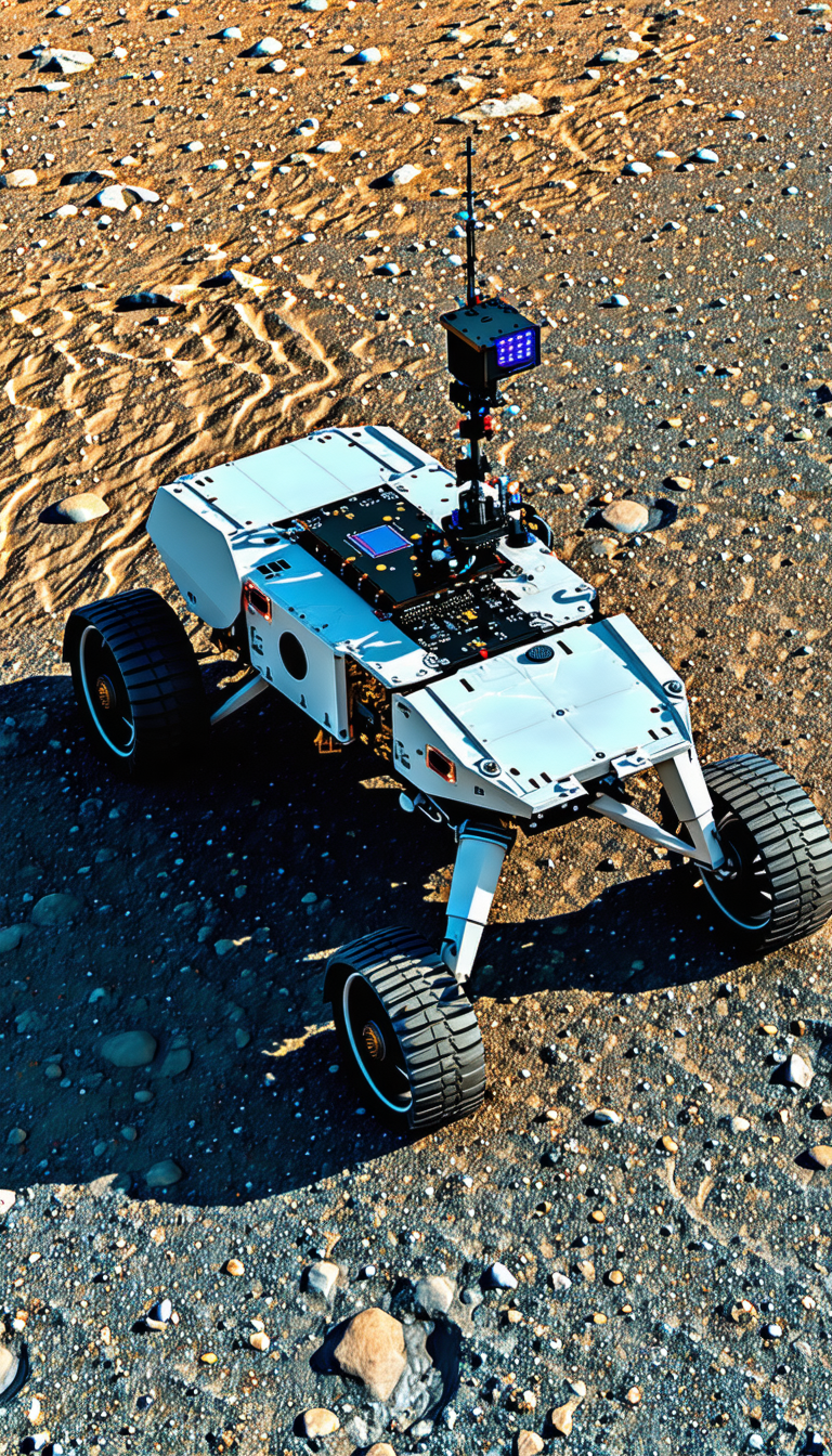 A White Robot Is Sitting On A Rocky Surface, With A Rocky Terrain Surrounding It