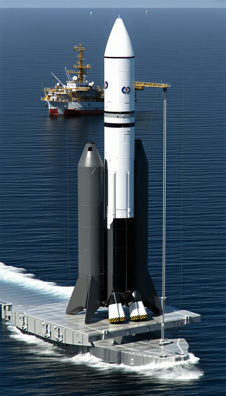 A Large Rocket Ship Is Docked On A Boat In The Ocean