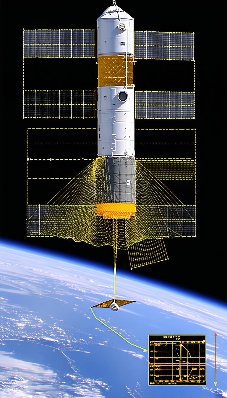 A Space Shuttle Is Shown In A Close-up View, With A Large Yellow Beam Extending From The Shuttle