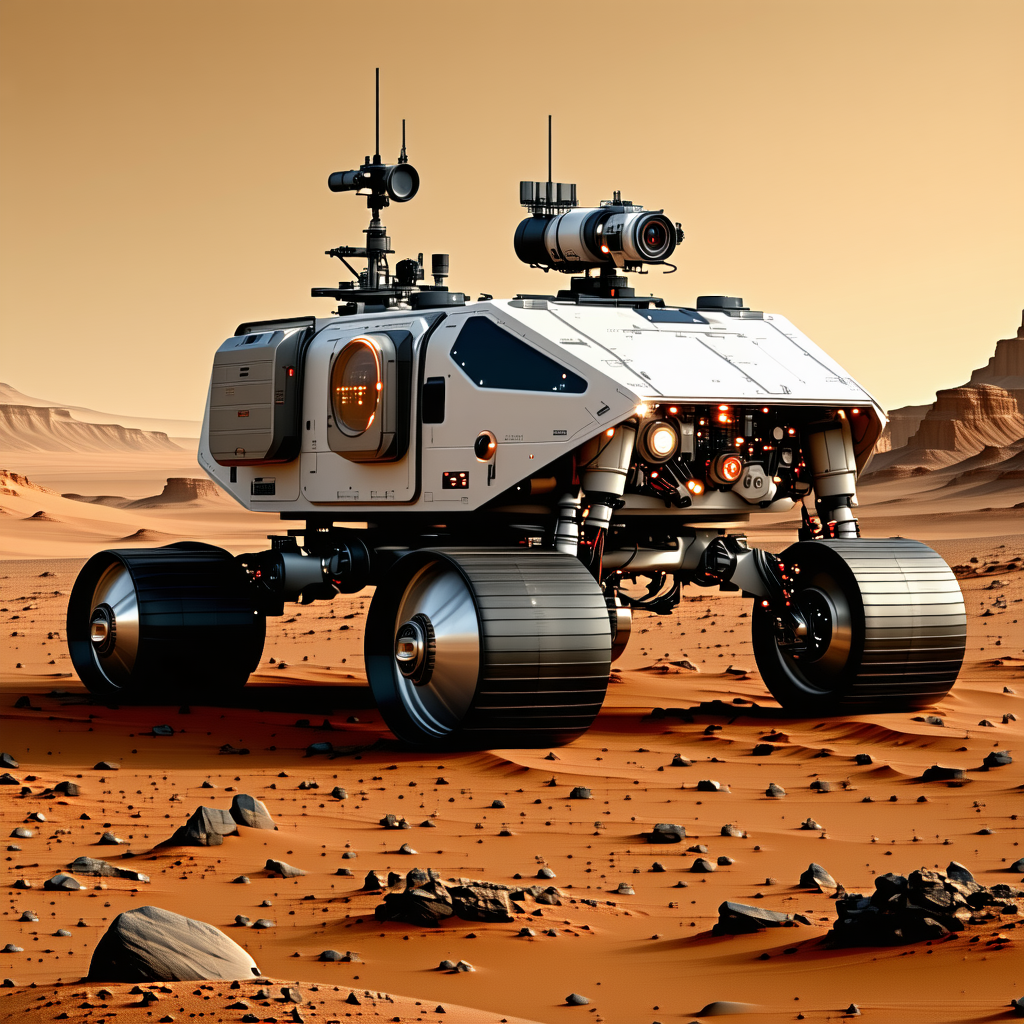 A Large White Robotic Vehicle, Possibly A Rover, Driving Across A Rocky Terrain