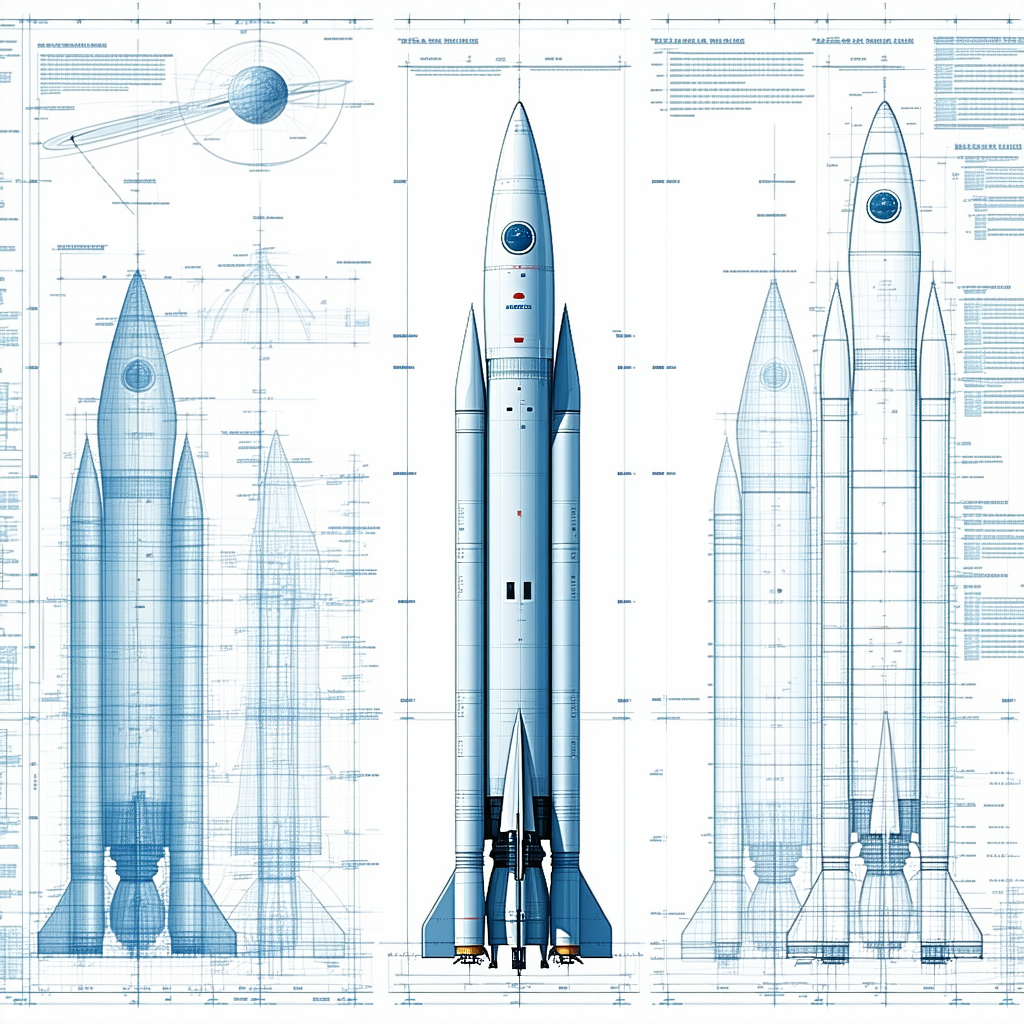 A Blue Rocket Ship Is Shown In Three Different Stages Of Its Flight