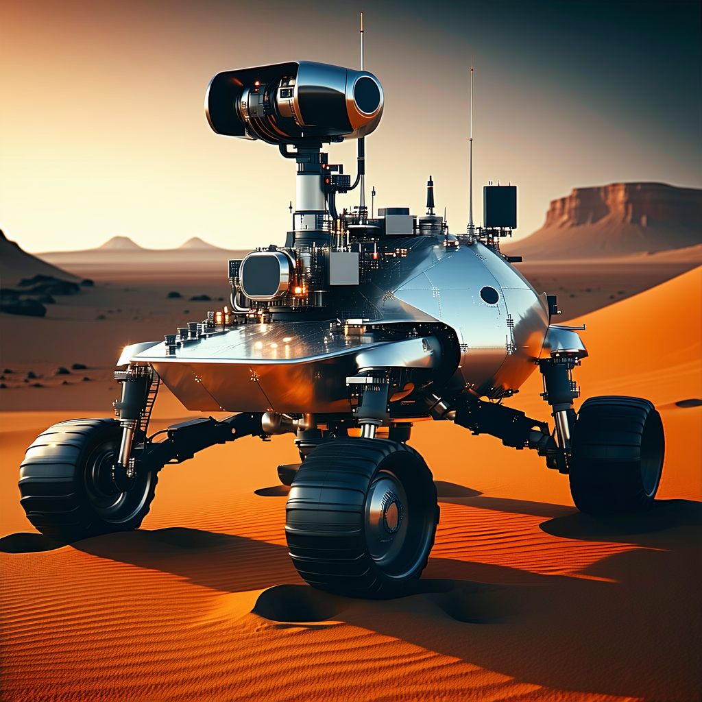 A Futuristic Robotic Vehicle, Possibly A Rover Or A Tank, Parked In A Desert-like Environment
