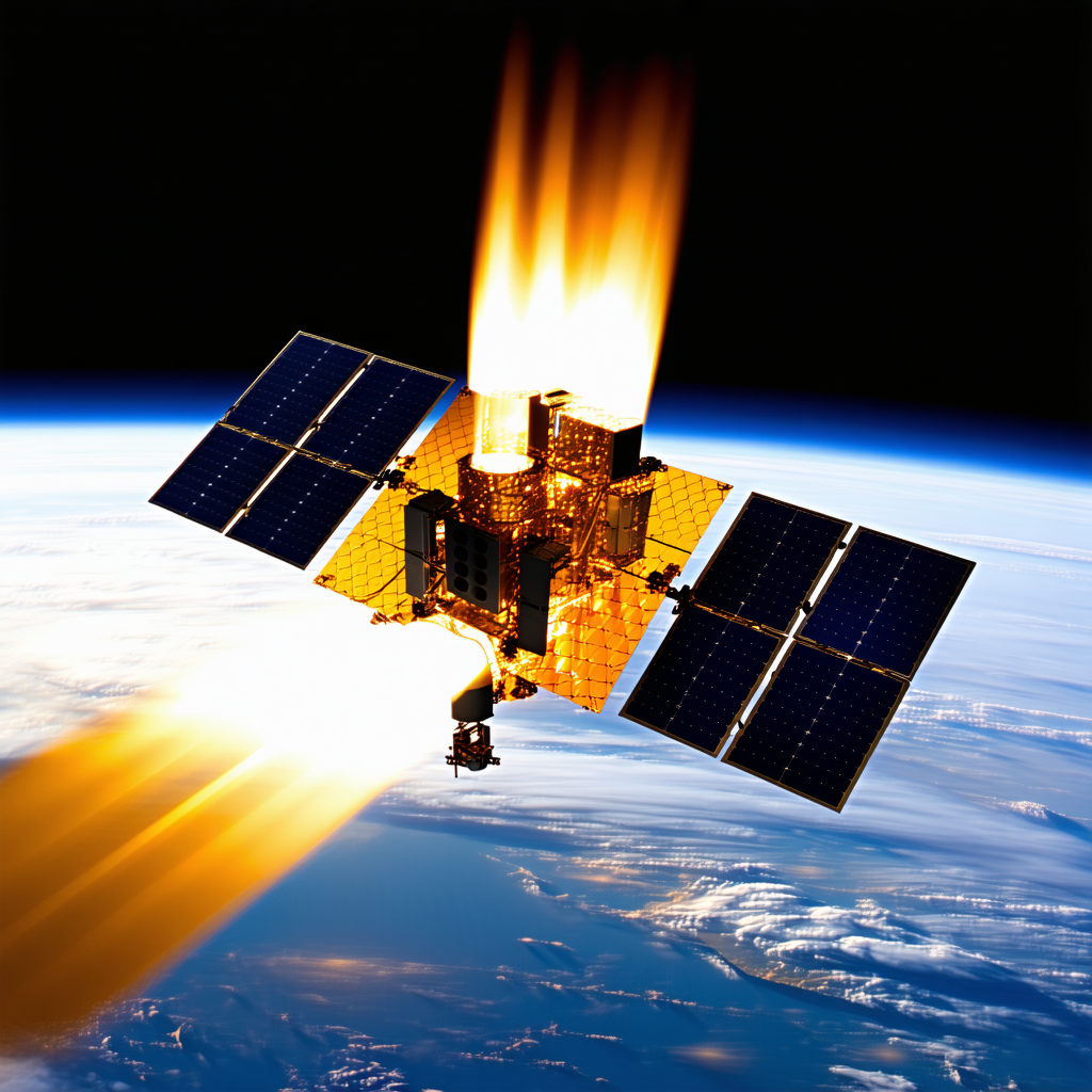 A Spacecraft With A Large Satellite Dish On Top, Flying Through The Sky