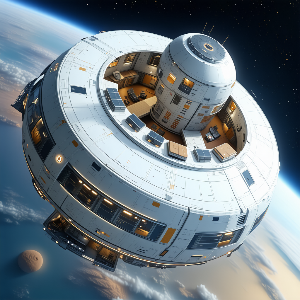 A Large White Spacecraft With A Dome-shaped Structure, Floating In The Air