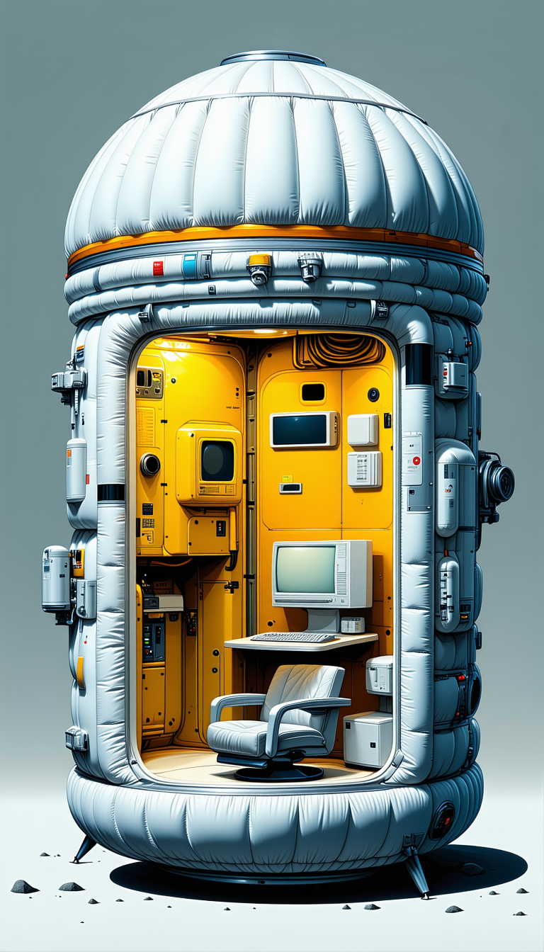 In This Image, There Is A Large, White, And Yellow Spacecraft With A Computer Desk And Chair Inside