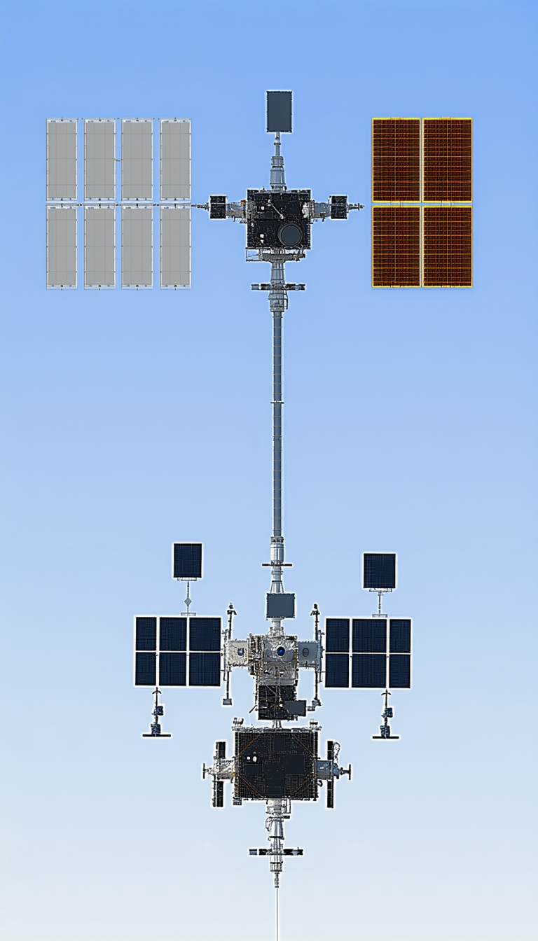 A Large Satellite Is Suspended In The Air, With A Smaller Satellite Attached To It