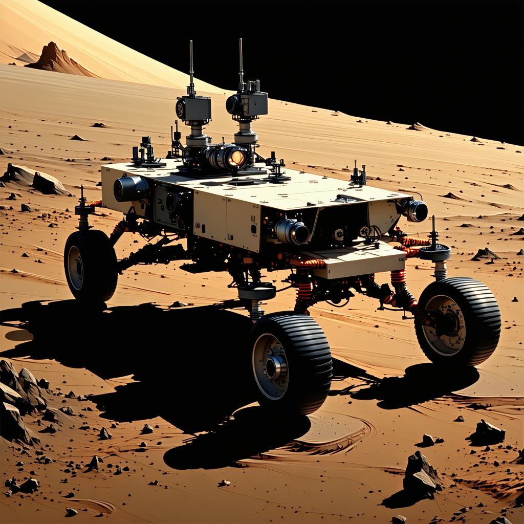 A Robotic Vehicle Is Driving Across A Dirt Field, With A Large Dune In The Background