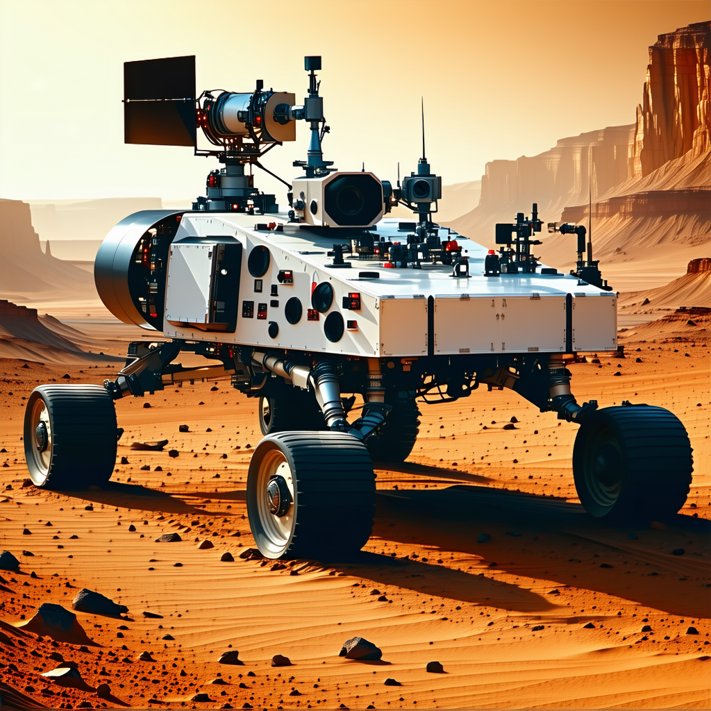 A Large White Robot Is Driving Across A Desert Landscape