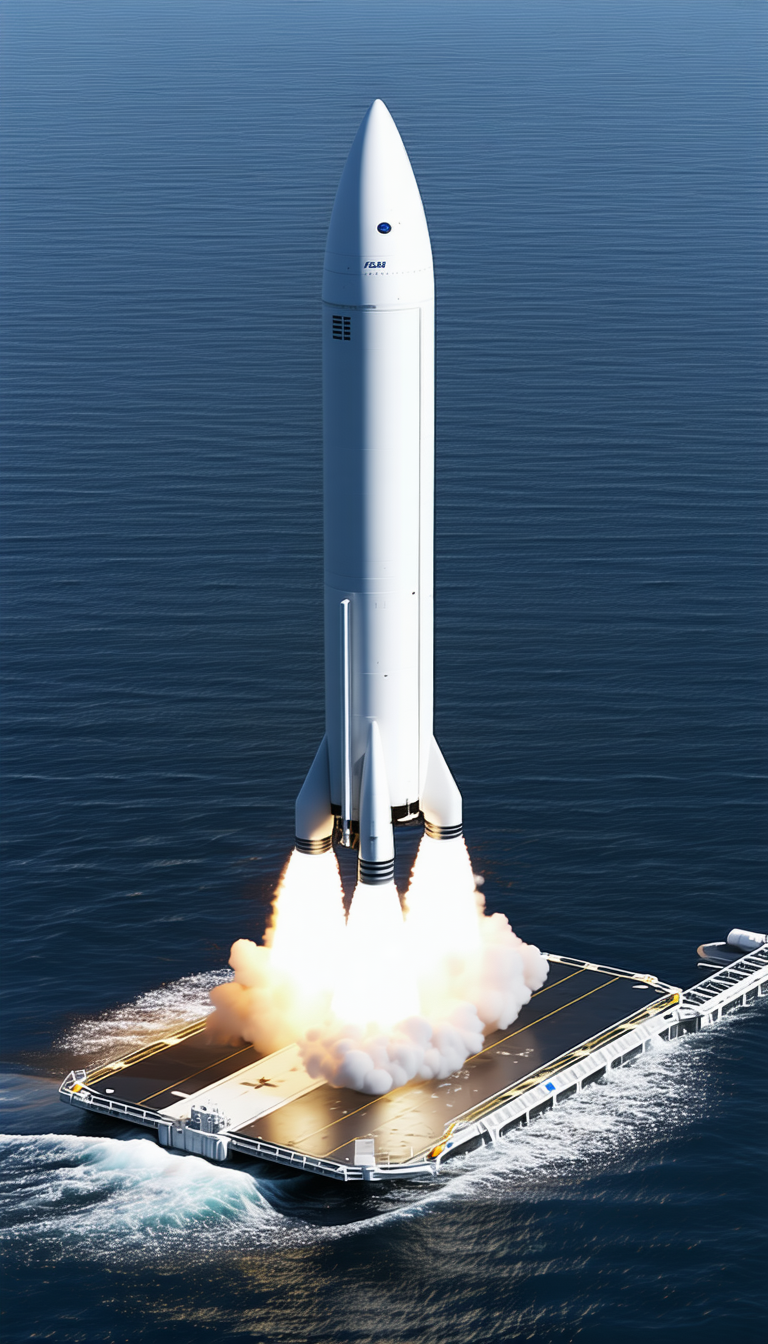 A Large Rocket Ship, Likely A Space Shuttle, Launching From A Platform In The Ocean