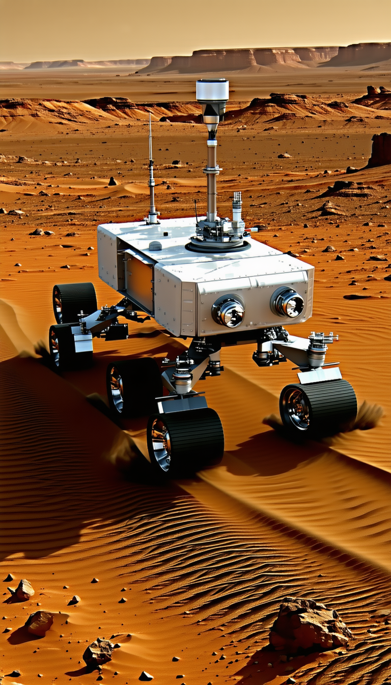 A White Robot Is Driving On A Sandy Surface, Possibly A Desert