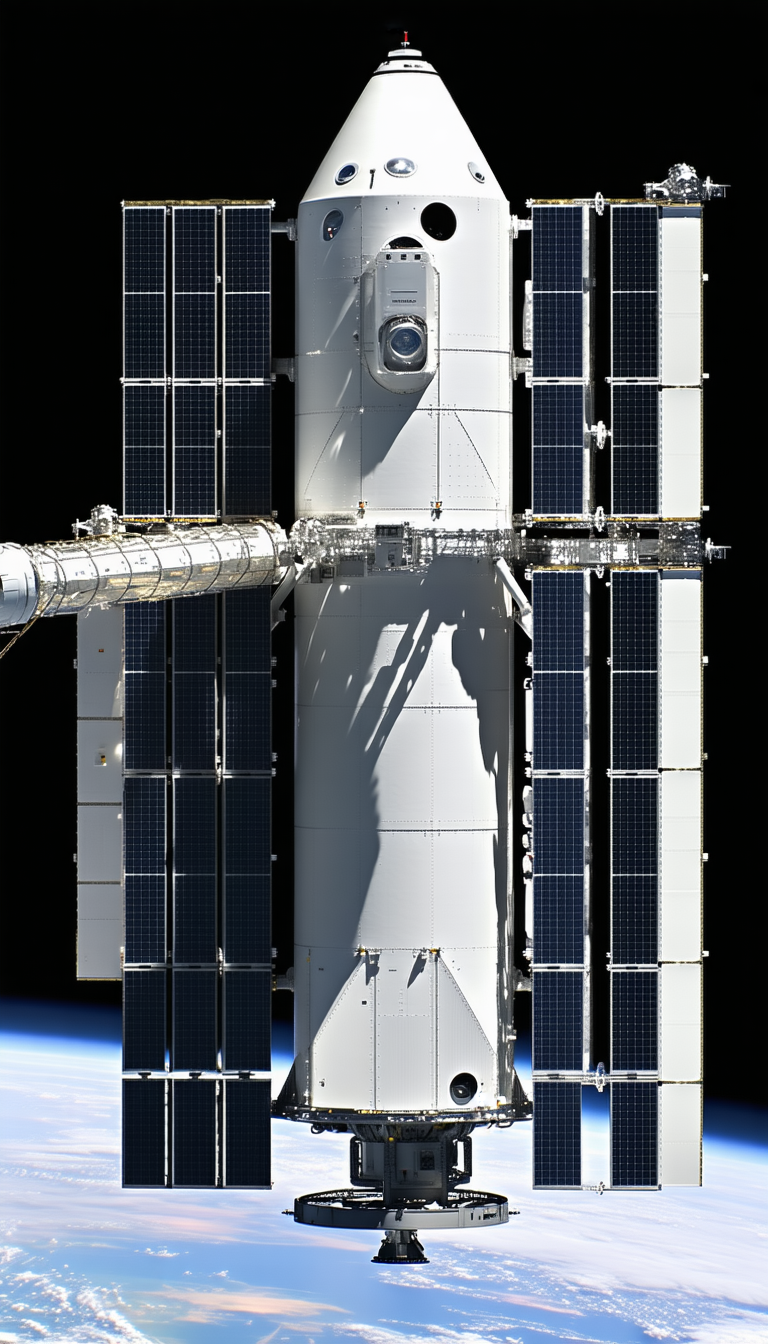 A Large White Space Station With A Solar Panel Array On Its Side