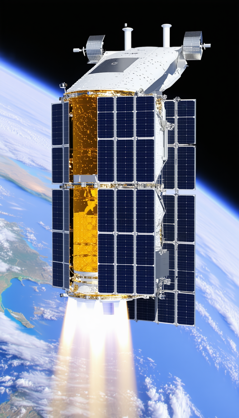 A Spacecraft With A Large Solar Panel On Its Side, Flying Through The Sky