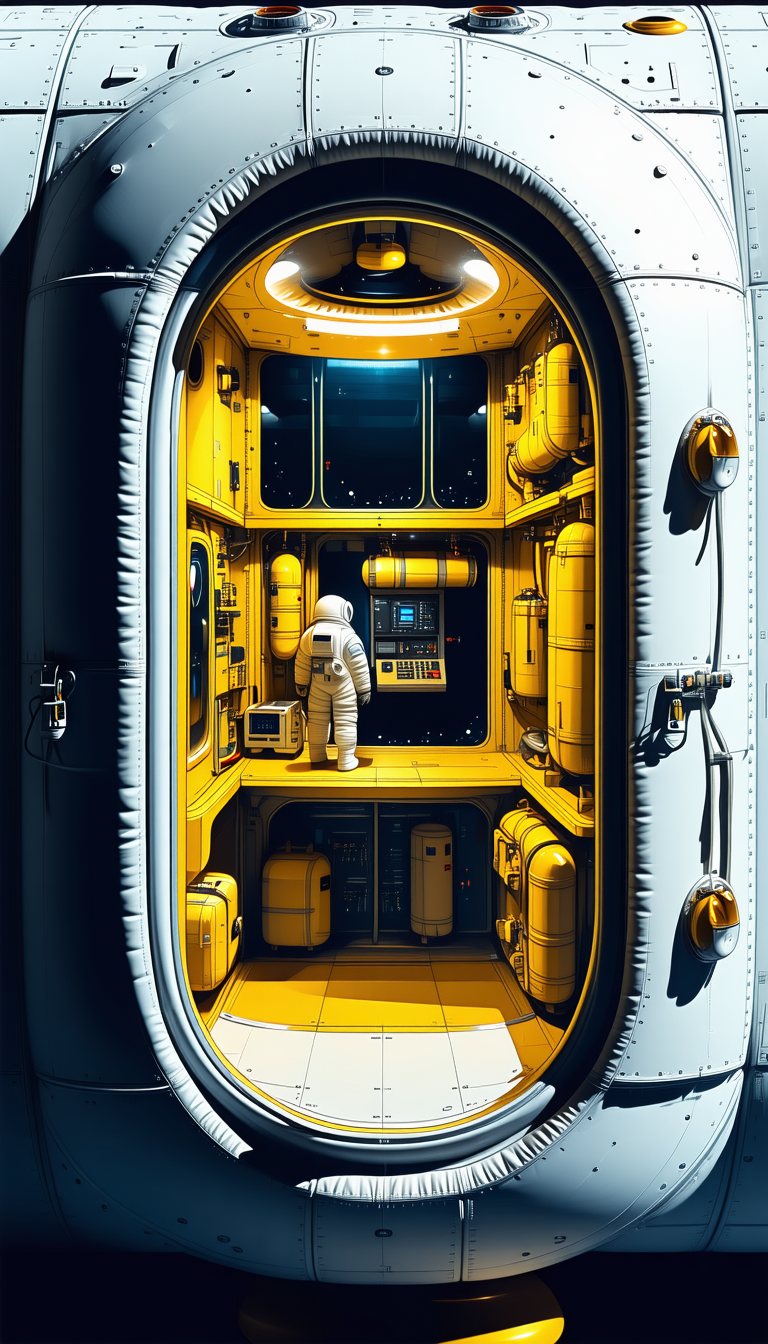 In The Image, There Is A Space Station With A Small Astronaut Standing Inside Of It