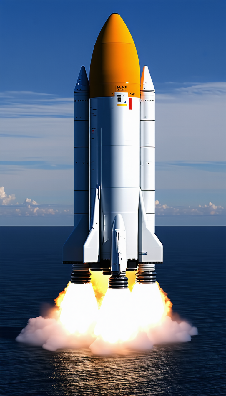 A Large White Rocket Ship With A Yellow Stripe On Its Side, Soaring Through The Sky